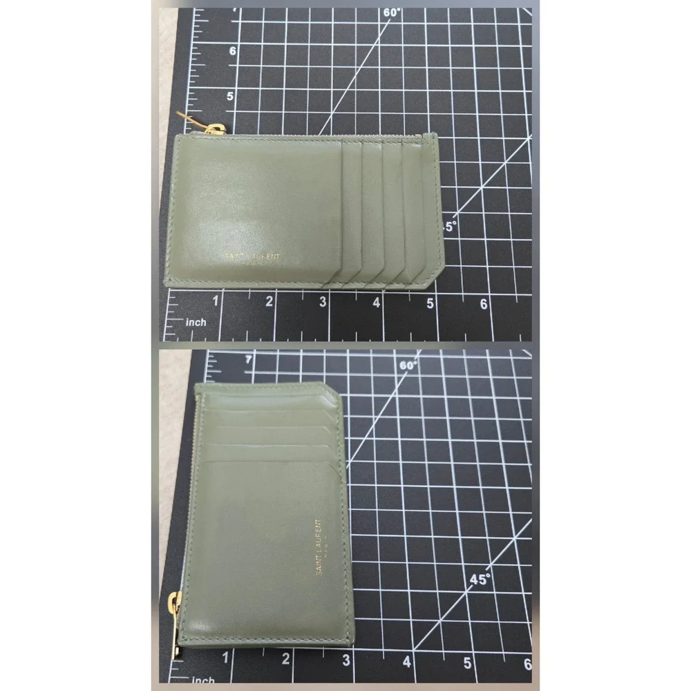 Saint Laurent Fragments Zipped Card Case Sage Green Leather Gold Hardware Italy